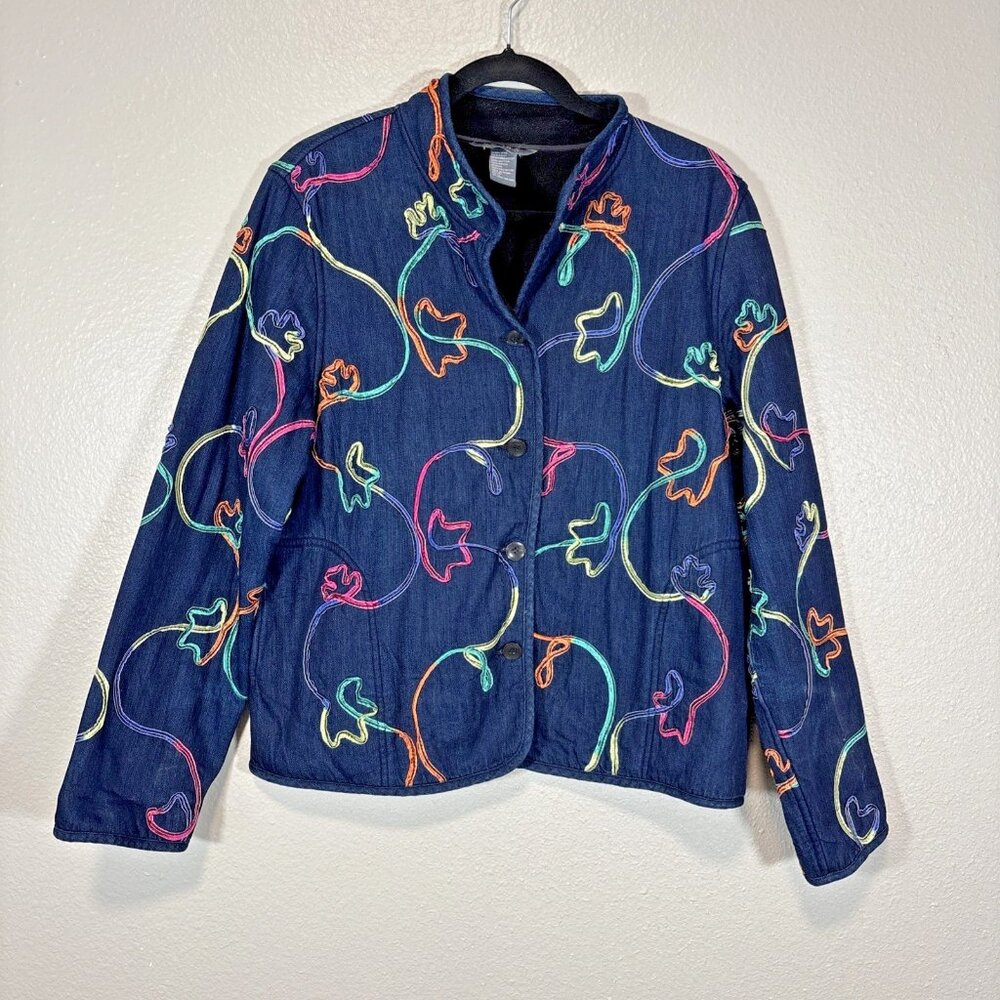 Koret Women’s Denim Jacket Fleece Lined Colorful Embroidered Stitched Size PL